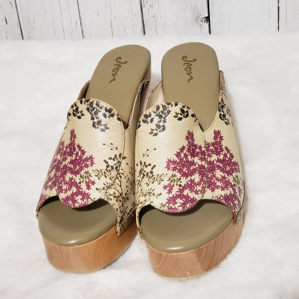 Jeon Art to Wear 9M Leather Heels Clogs Mules Italy Wood Floral Boho Indie Retro - Picture 7 of 11